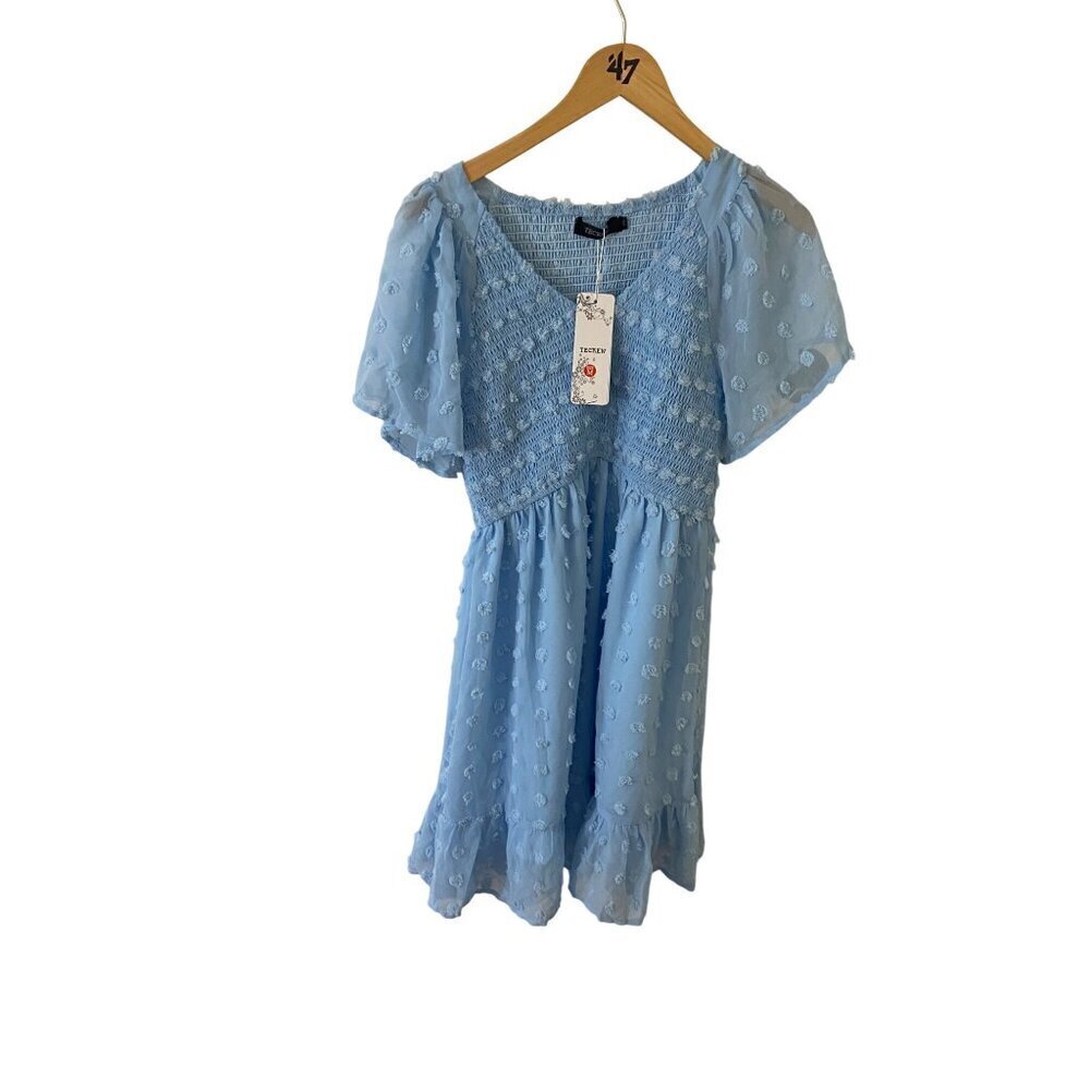 NWT Tecrew Women's Blue Chiffon Short Sleeve Dress - Medium